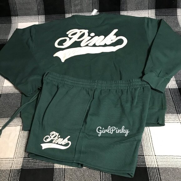 VS PINK DEEP FOREST CREW SWEATSHIRT & SHORTS OUTFIT LIMITED EDITION